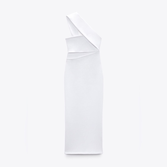 Zara white midi dress cropped one shoulder ribbed cotton fitted bodycon - Picture 14 of 16